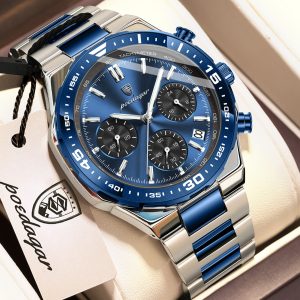 POEDAGAR 697 Luxury Fashion Chronograph Men’s Watch – Silver Blue