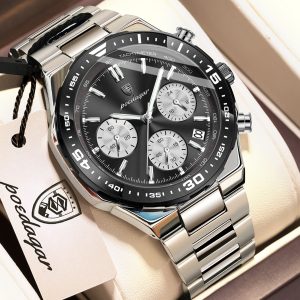 POEDAGAR 697 Luxury Fashion Chronograph Men’s Watch – Silver Black