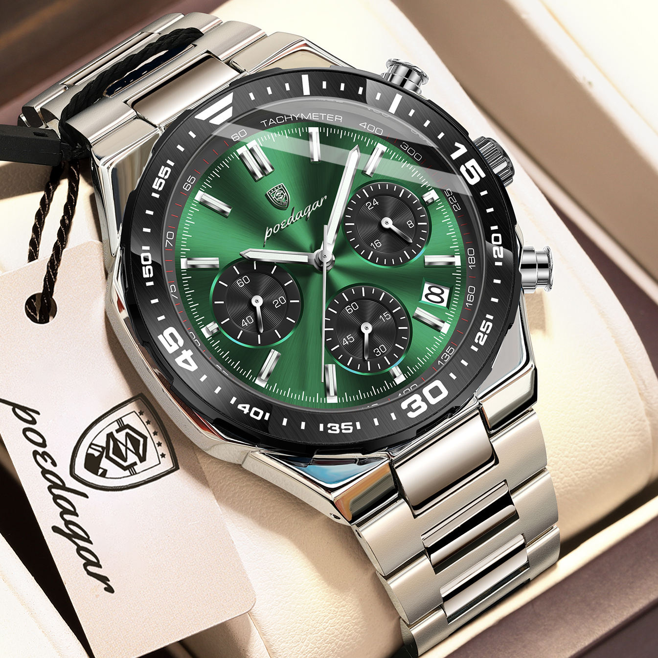 POEDAGAR 697 Luxury Fashion Chronograph Men’s Watch – Silver Green