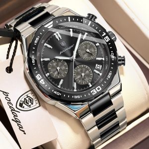 POEDAGAR 697 Luxury Fashion Chronograph Men’s Watch – Black Silver