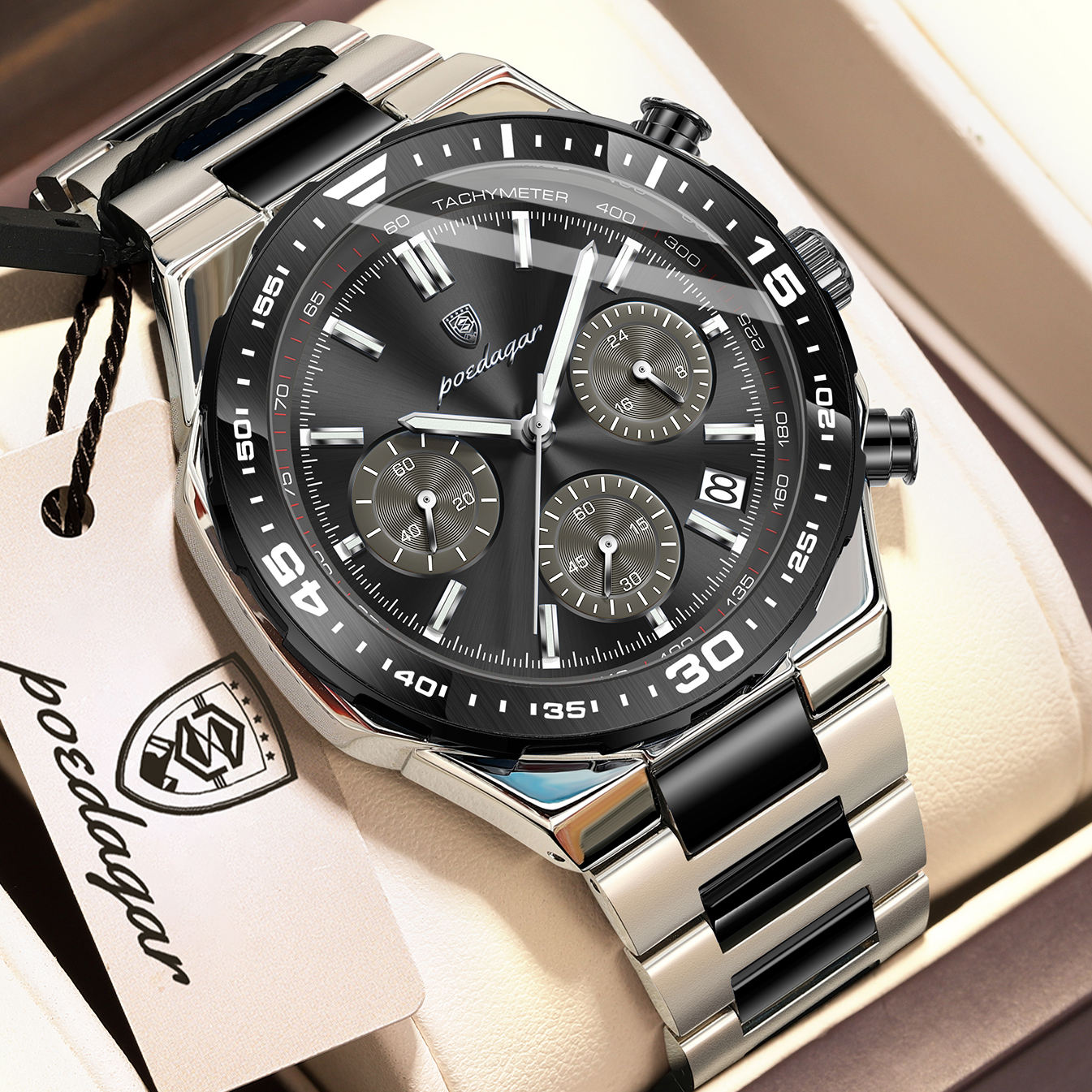 POEDAGAR 697 Luxury Fashion Chronograph Men’s Watch – Black Silver