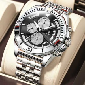 POEDAGAR 695 Luxury Fashion Chronograph Men’s Watch – Silver Black