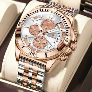 POEDAGAR 695 Luxury Fashion Chronograph Men’s Watch – two-tone rose gold and silver