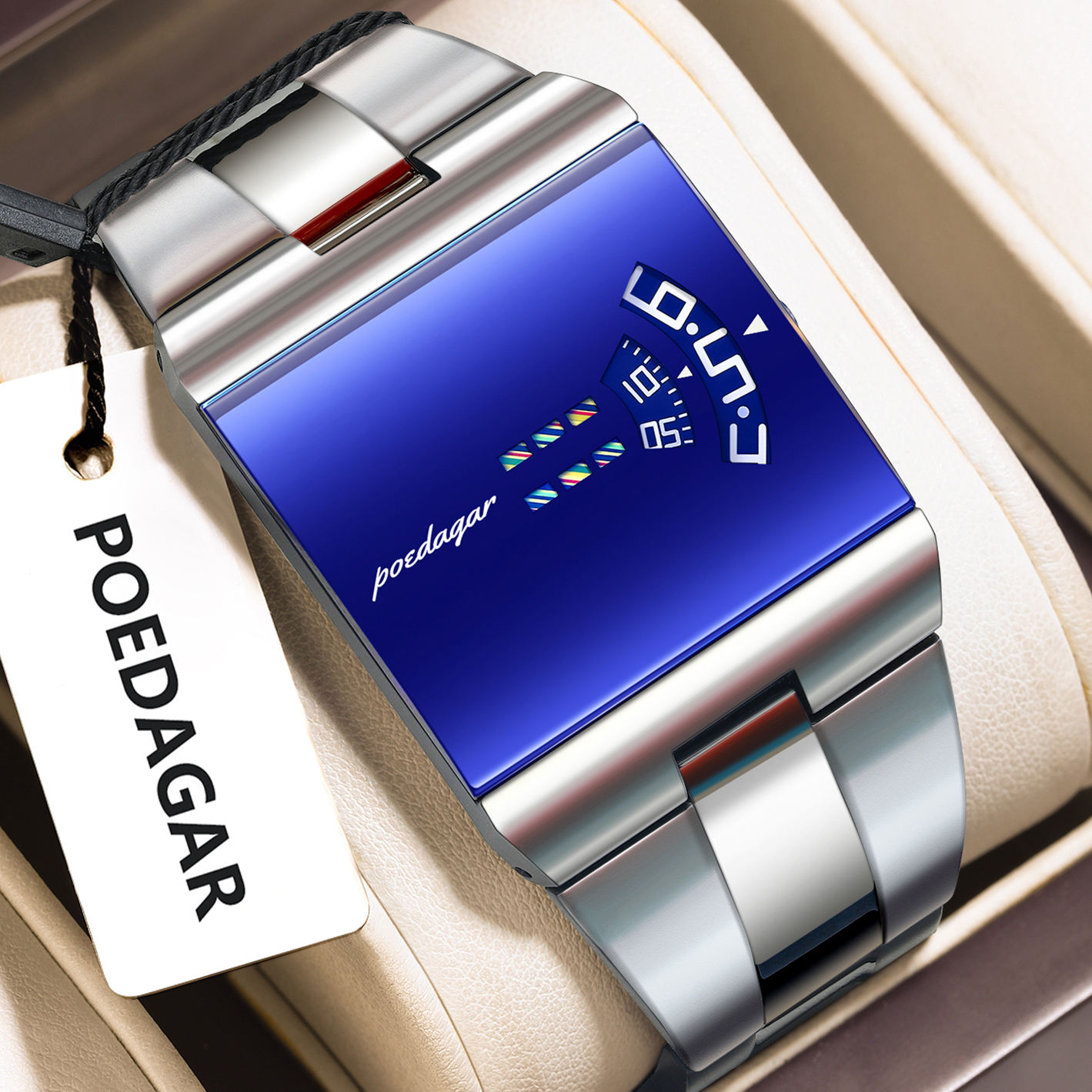 POEDAGAR 857 Top Rectangle Original Fashion Man Watch Color :  Sliver Blue