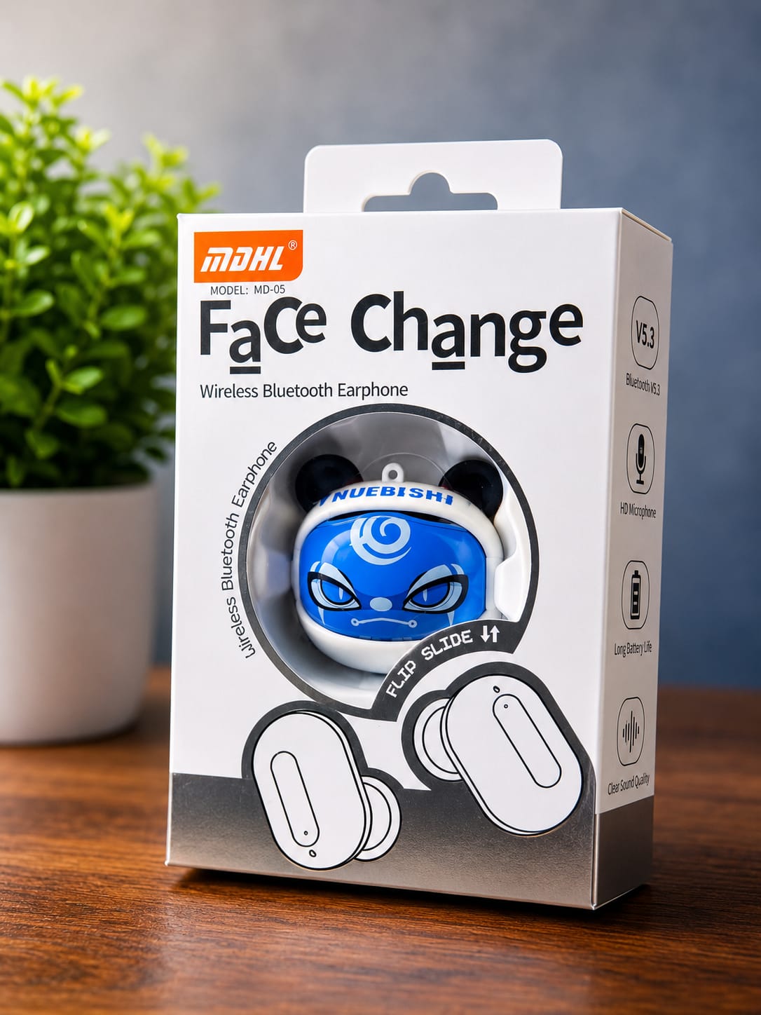MDHL MD-05 Face Change Wireless Bluetooth Earphone Blue White